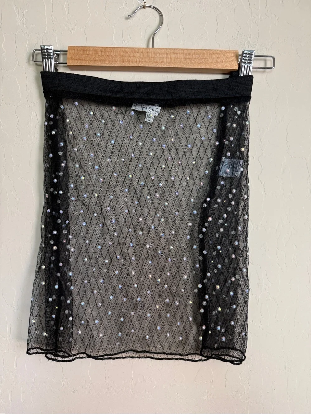 Bear Dance Black Sheer Mesh Mini Skirt with Iridescent Rhinestone Sequins